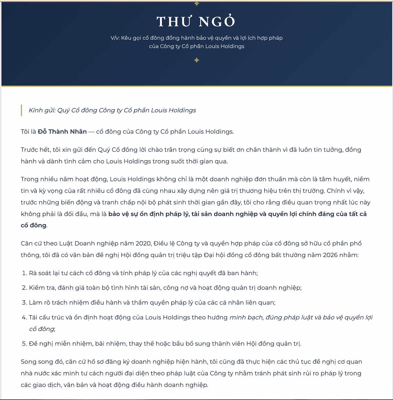 Nội dung thư ngỏ của ông Đỗ Thành Nhân. Nguồn: Louisholdings