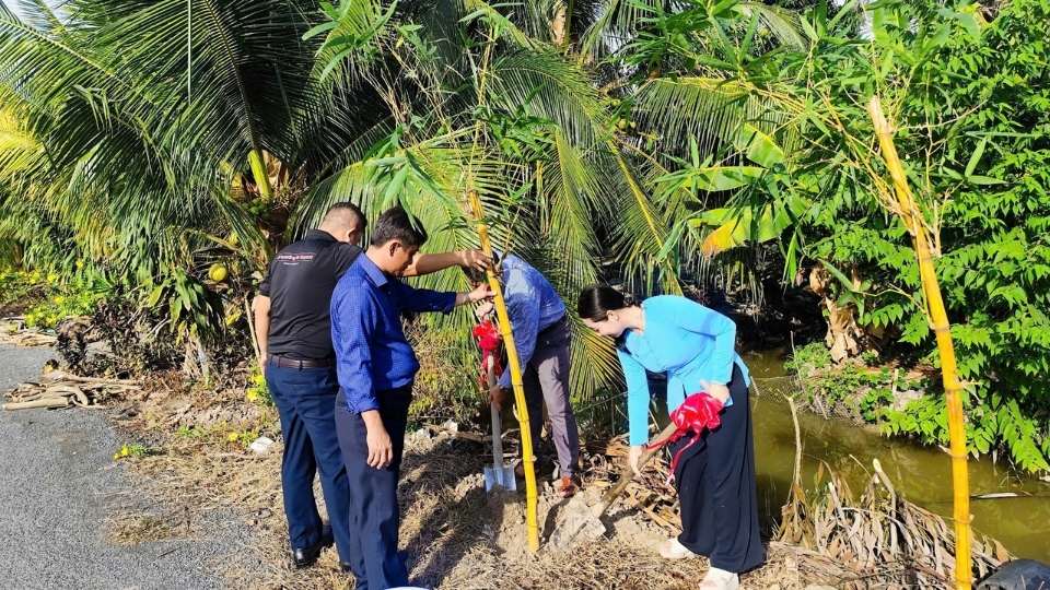 Local leaders and union members and youth participate in planting trees to respond to "Tet planting trees forever remembering Uncle Ho" in Cai Ngang commune. Photo: Hoang Loc