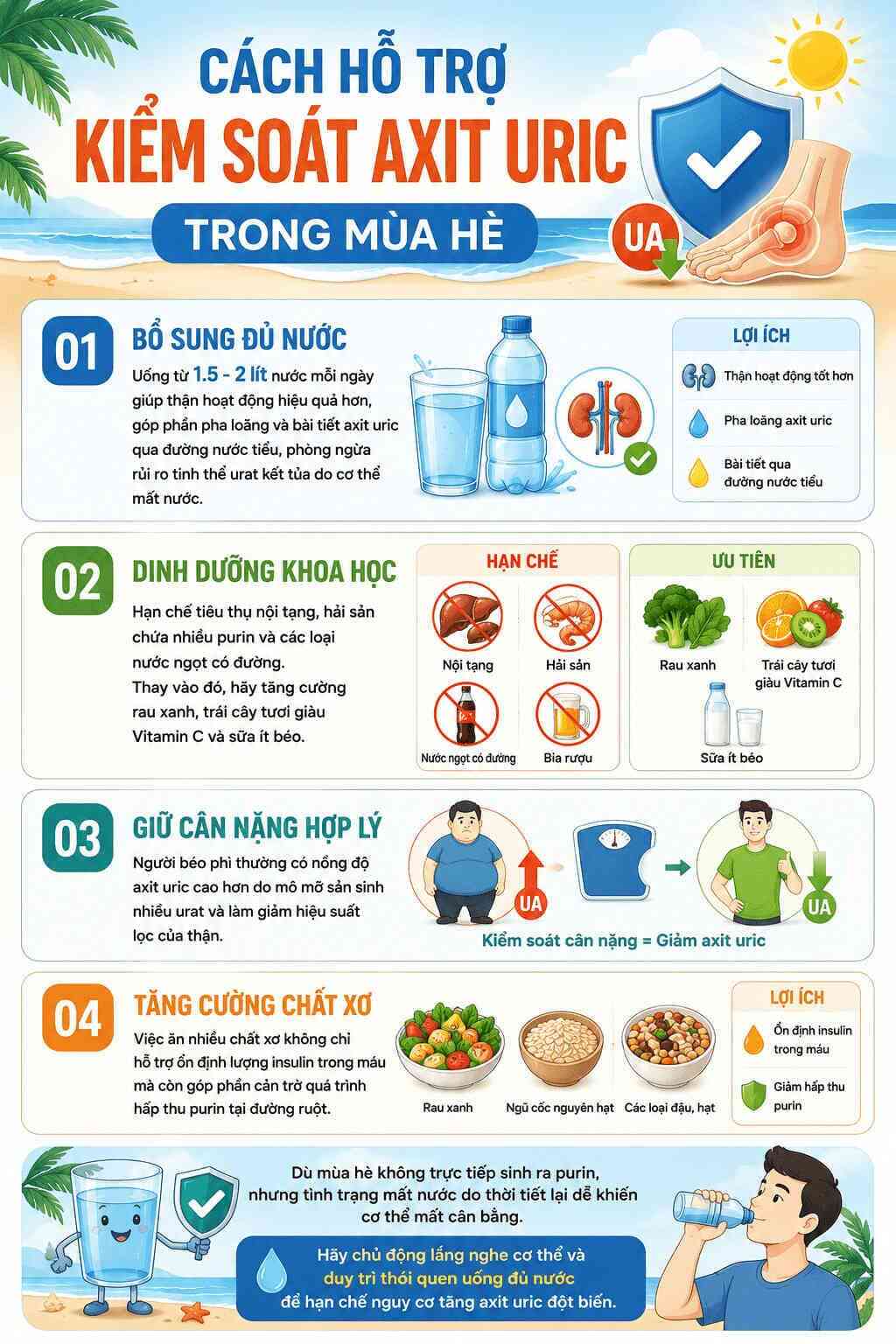 Infographic: Hướng dẫn các biện pháp khoa học giúp hỗ trợ kiểm soát nồng độ axit uric an toàn trong mùa nắng nóng.