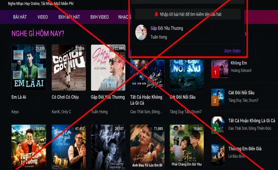 Many illegal music websites, downloading music for free, affect the copyright rights of authors and artists. Photo: Screenshot