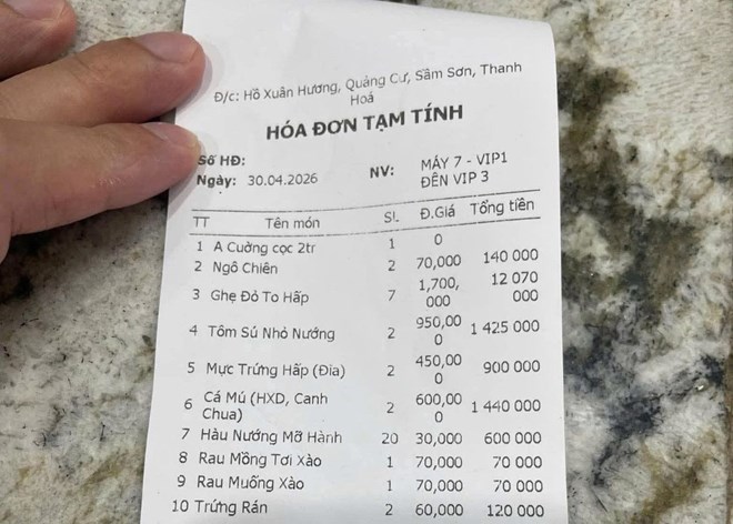 Công an vào cuộc làm rõ vụ hóa đơn gần 18 triệu đồng ở biển Sầm Sơn. Ảnh: Người dân cung cấp