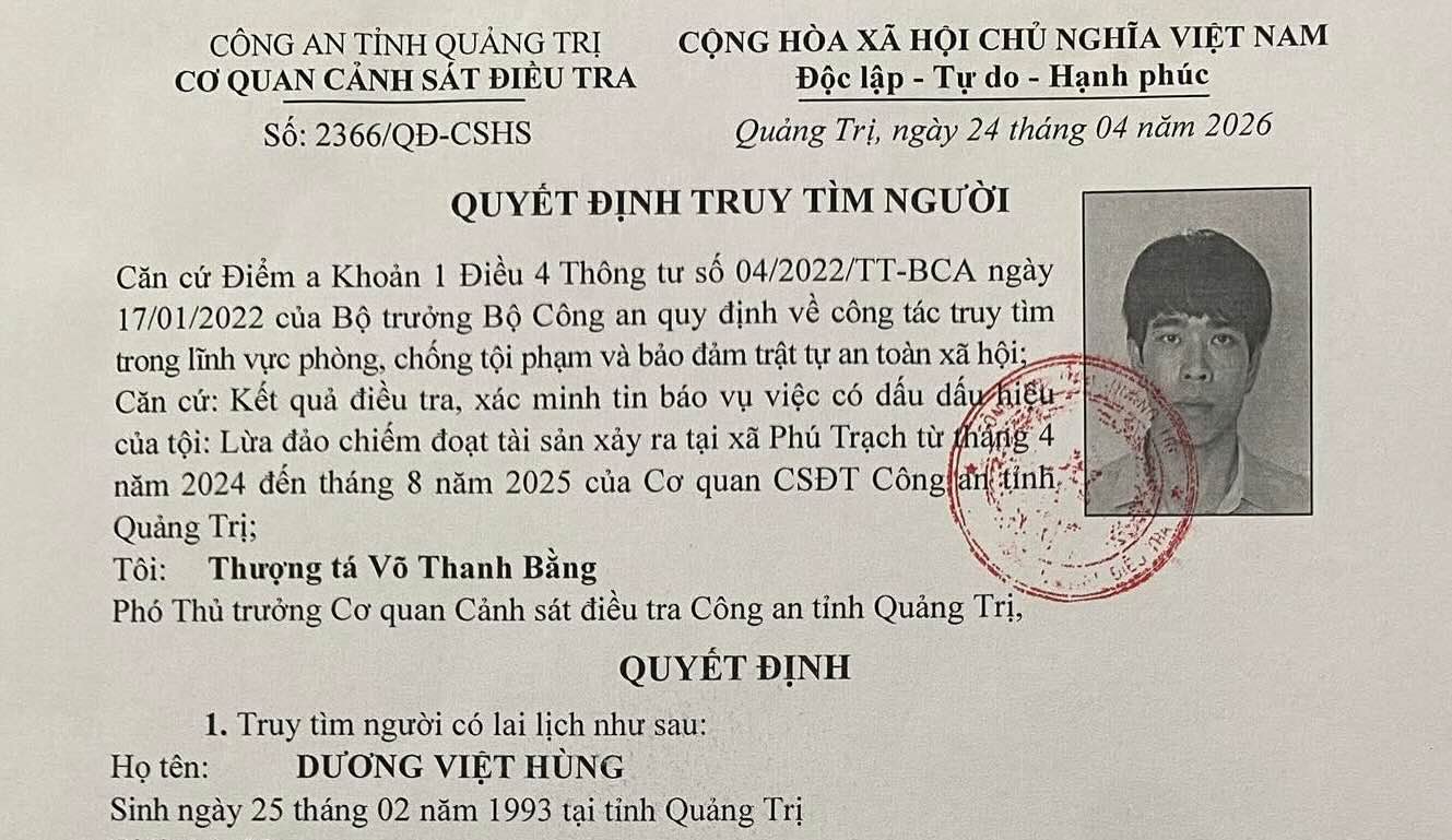 Quyết định của Công an tỉnh Quảng Trị về việc truy tìm người có dấu hiệu tội phạm. Ảnh: Công an Quảng Trị.