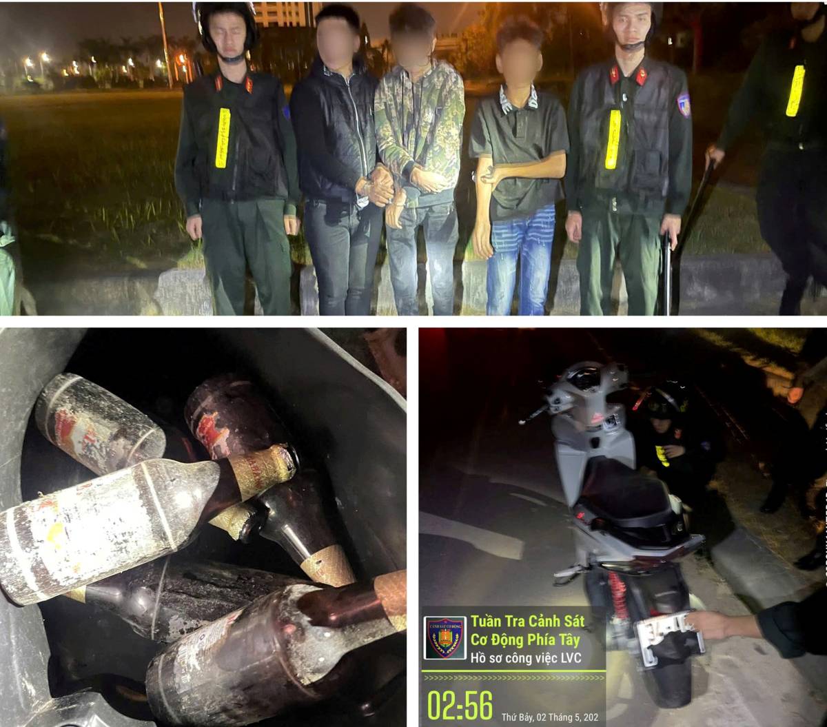HP22 discovered 3 young men driving motorbikes without helmets and carrying glass bottles. Photo: Hai Phong Police