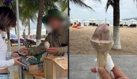 Hình ảnh du khách Thái Lan phản ánh về việc mua một cây kem giá 100.000 đồng ở khu vực bờ biển Nha Trang. Ảnh: Hữu Long