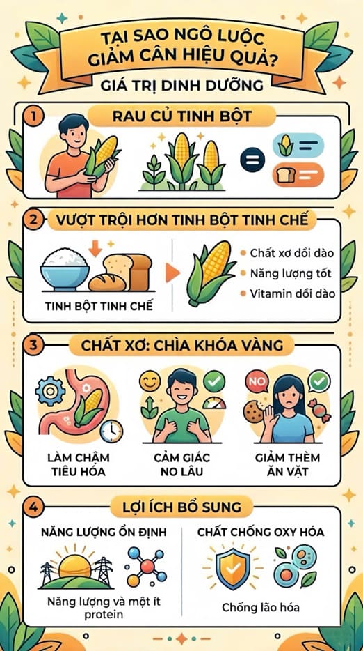 Infographic: Tóm tắt lý do tại sao ngô luộc là thực phẩm giảm cân hiệu quả nhờ nguồn chất xơ dồi dào và năng lượng ổn định. Đồ họa: Trà My