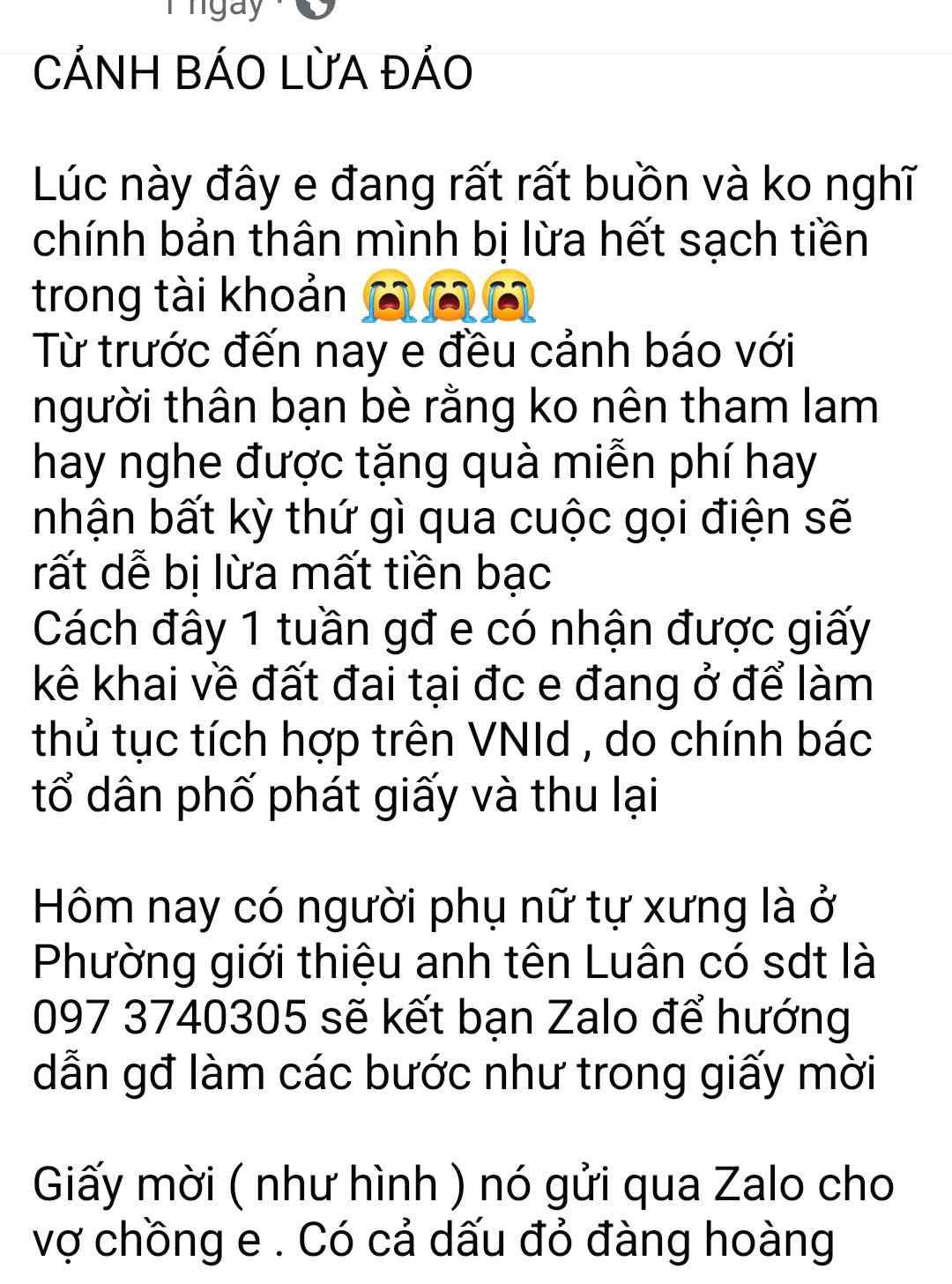 Bài đăng của người dân dính bẫy lừa đảo mạo danh cán bộ phường ở Hải Phòng. Ảnh chụp màn hình