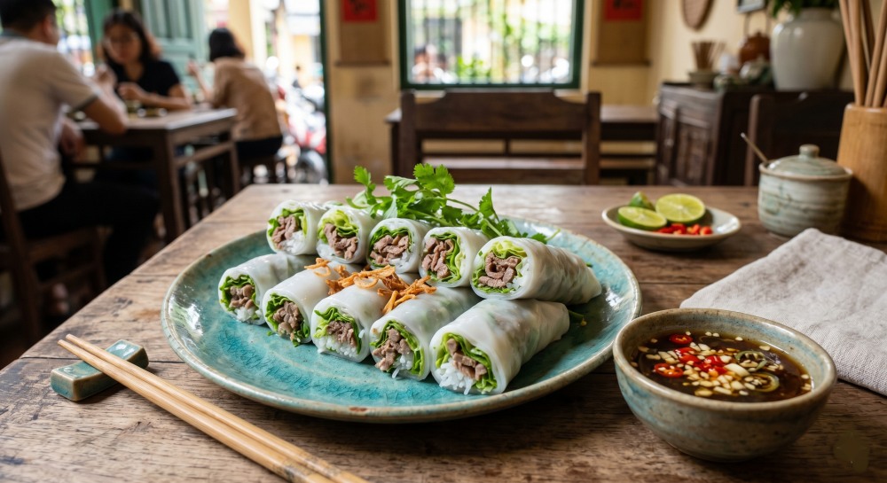 A plate of pho wrapped in beef and cool green vegetables supports effective weight loss for the main meal. Graphics: Tra My