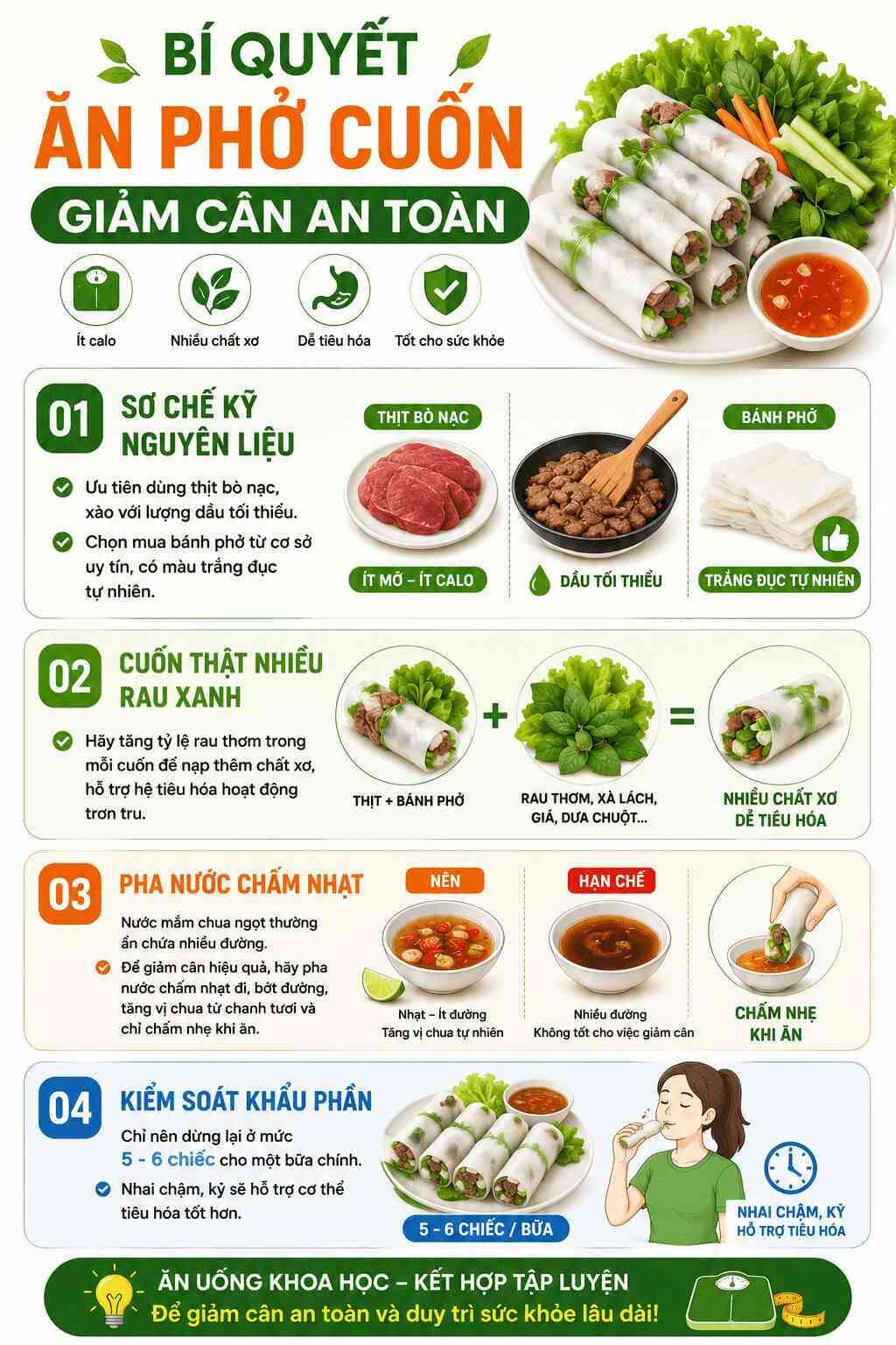 Infographic: Hướng dẫn bí quyết ăn phở cuốn giảm cân an toàn, kiểm soát calo và cách chọn nguyên liệu. Đồ họa: Trà My