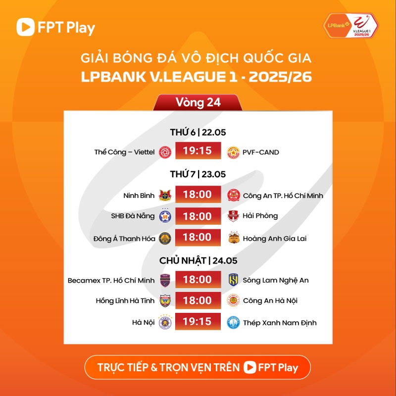 Lịch thi đấu vòng 24 V.League 2025-2026. Ảnh: FPT Play