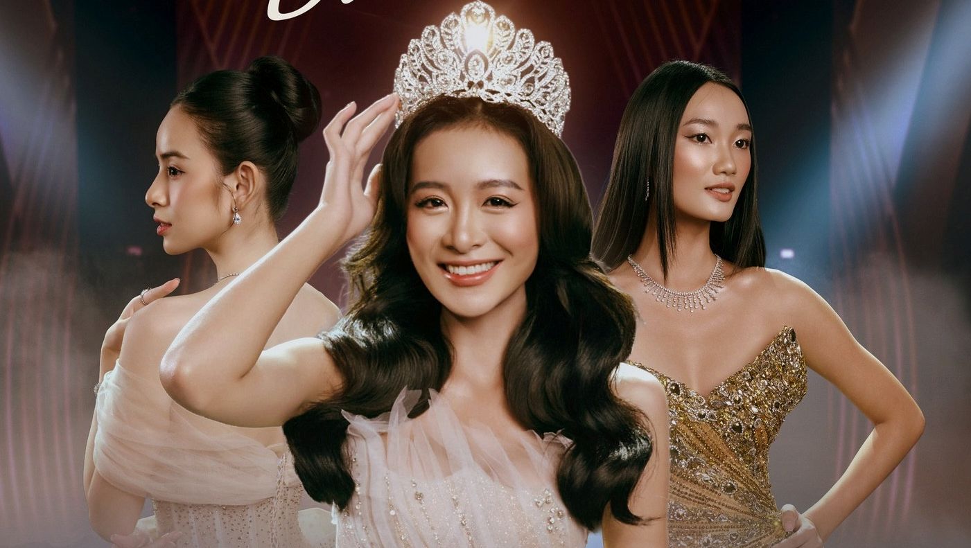 Trang Emma plays the beauty queen with her co-stars, runners-up Quynh Anh and Huong Lien. Photo: NVCC