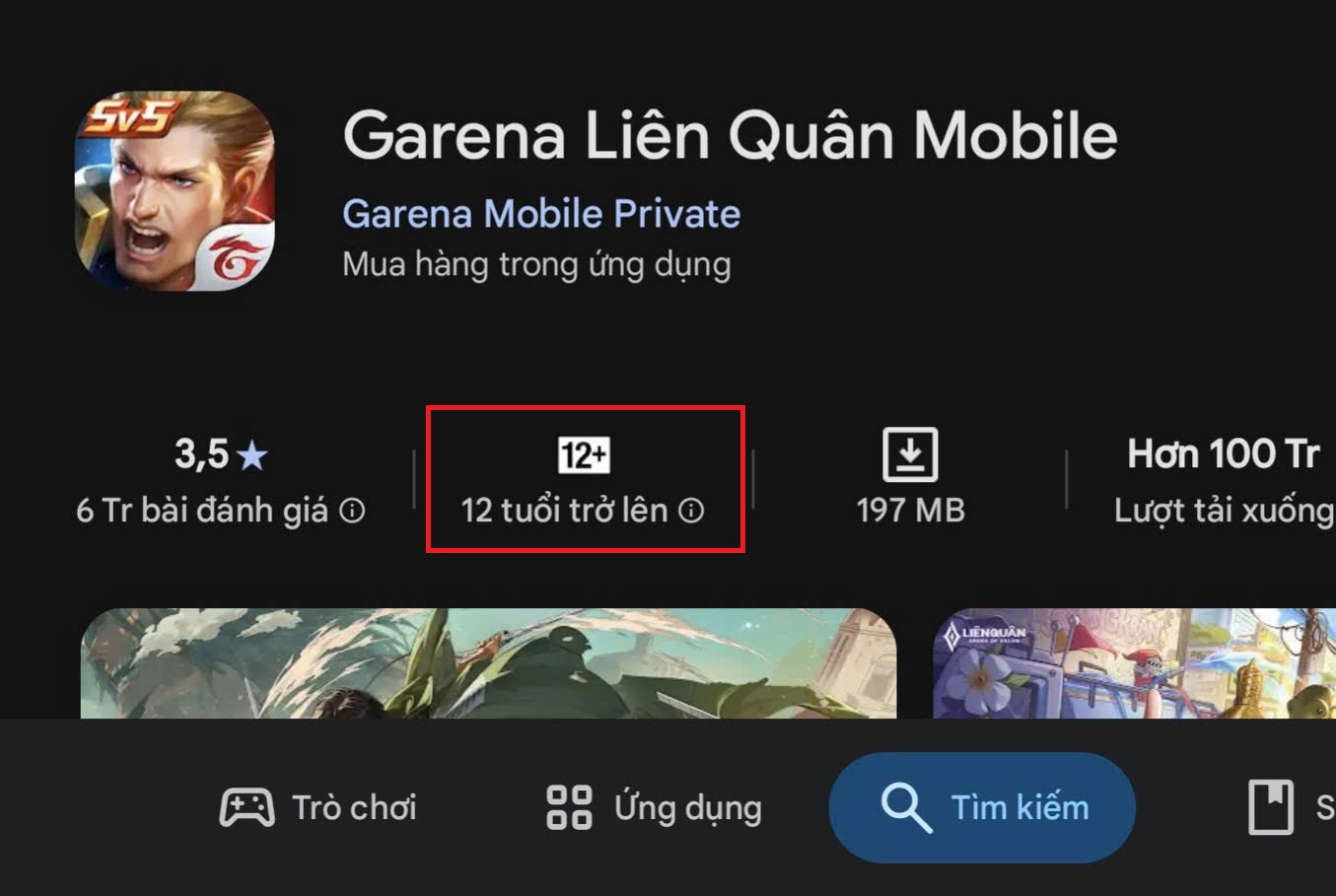 Game do Garena phát hành có hơn 100 triệu lượt tải trên Google Play nhưng phân loại độ tuổi là 12+ trong khi cấp phép phải là 18+ (dành cho người từ 18 tuổi trở lên). Ảnh: PV