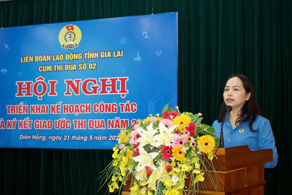 Bà Châu Hồng Nhi - Chủ tịch Công đoàn phường Diên Hồng phát biểu tại hội nghị. Ảnh: Thanh Tuấn