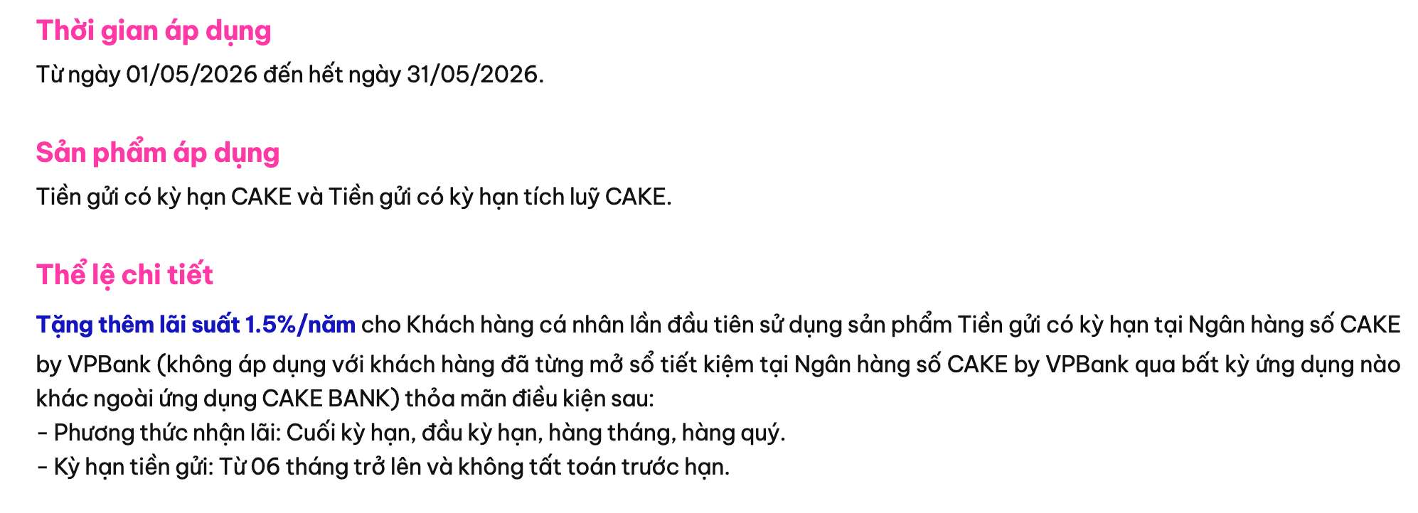 Biểu lãi suất tiết kiệm Cake by VPBank. Ảnh: Cake by VPBank