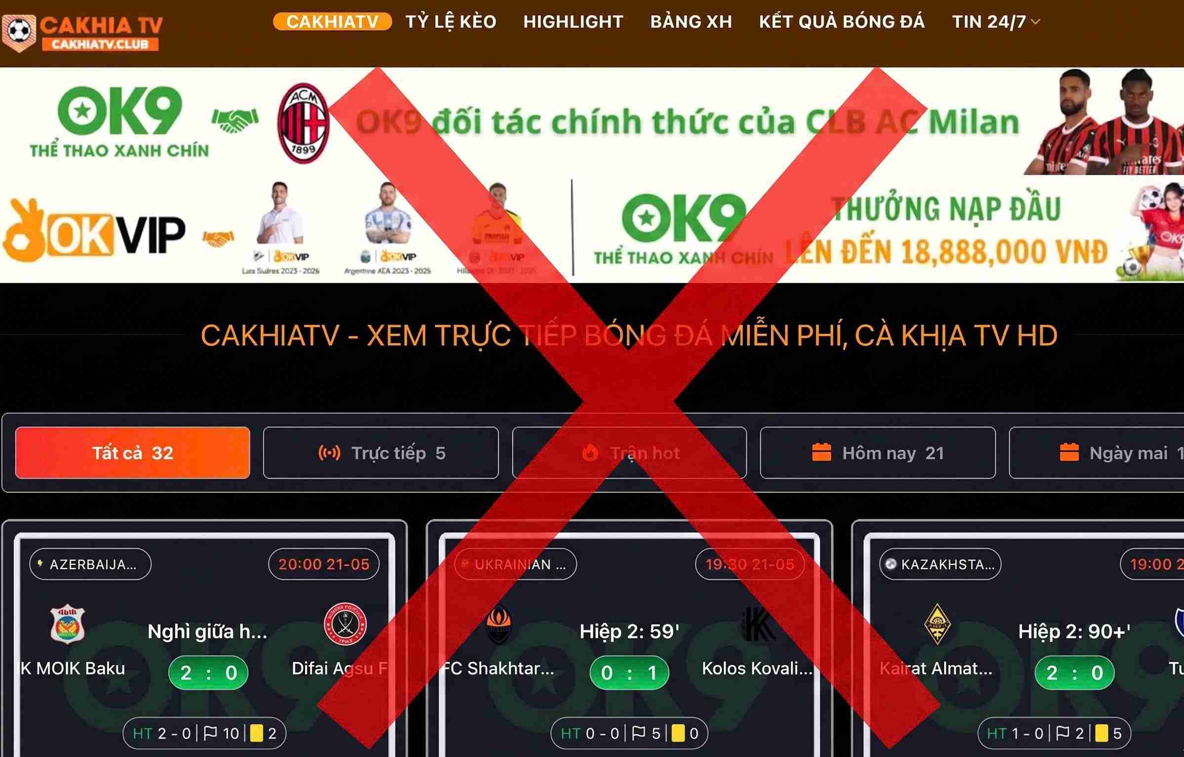 Các đối tượng sử dụng CakhiaTV, RakhoiTV, CaheoTV… để xâm phạm bản quyền bóng đá. Ảnh chụp màn hình