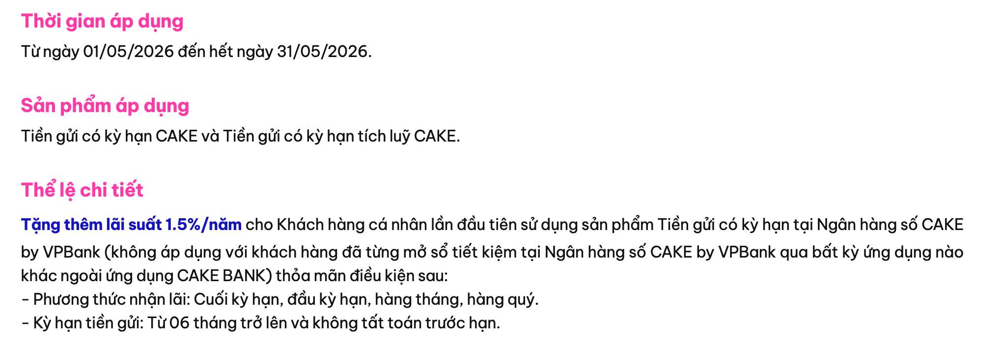 Biểu lãi suất tiết kiệm Cake by VPBank. Ảnh: Cake by VPBank