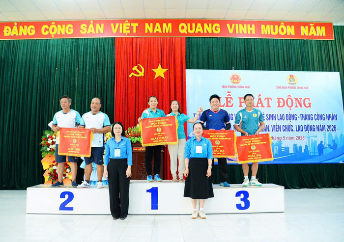 CĐCS Công ty TNHH Trung Kiên (phường Thống Nhất, Gia Lai) đoạt giải trong hội thao Tháng công nhân 2026. Ảnh: Thanh Tuấn 