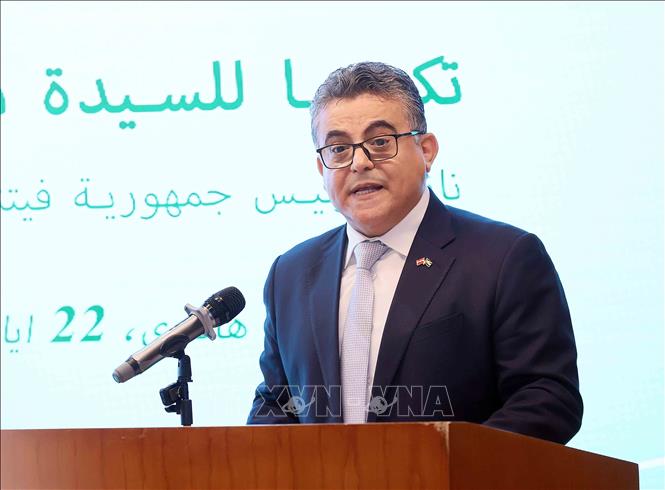 Đại sứ đặc mệnh toàn quyền Nhà nước Palestine tại Việt Nam Saadi Salama phát biểu tại buổi lễ. Ảnh: An Đăng/TTXVN 