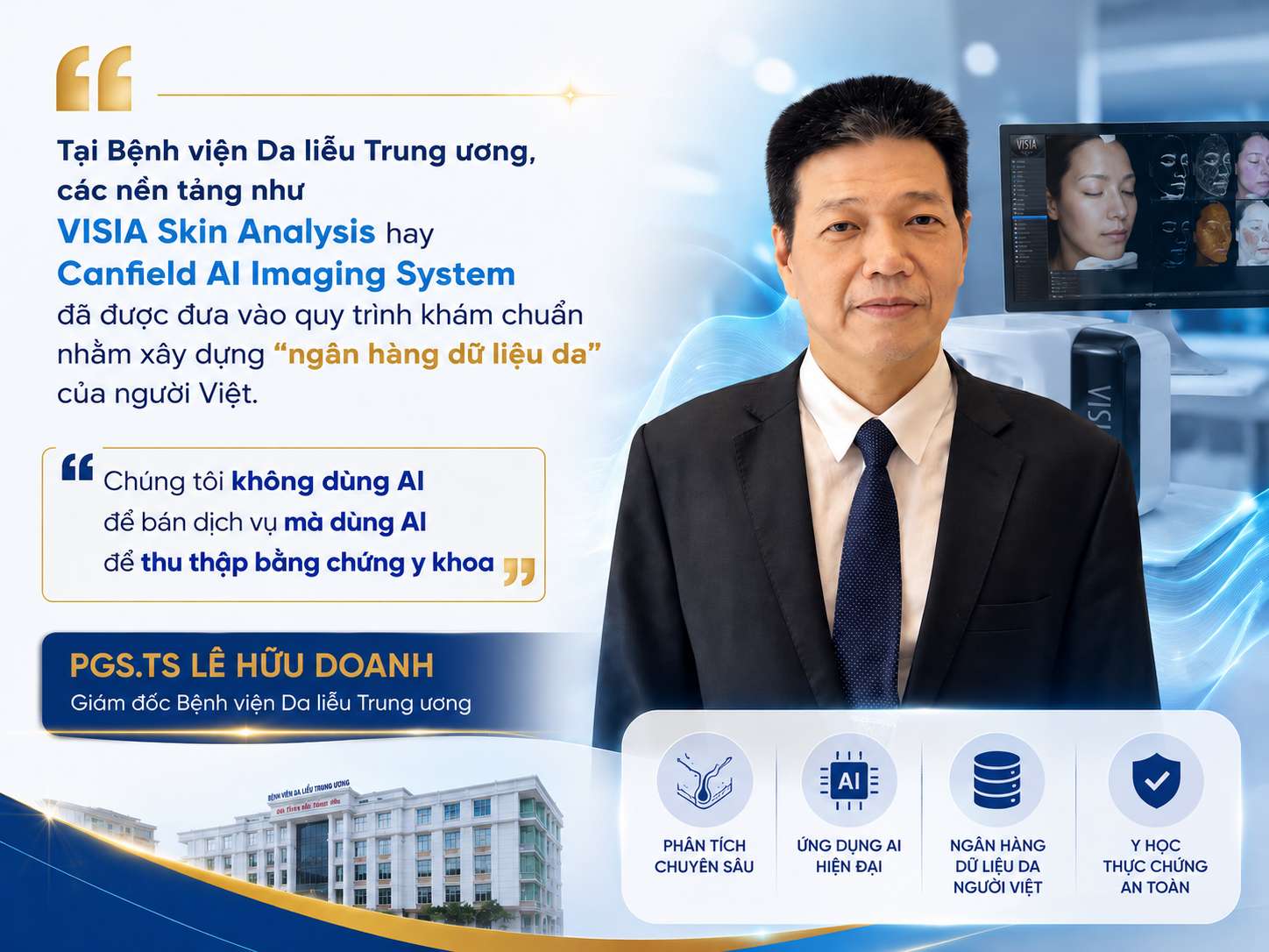 GS.TS Lê Hữu Doanh chia sẻ về ứng dụng AI trong hoạt động khám chữa bệnh da liễu. Ảnh đồ họa: Thùy Linh