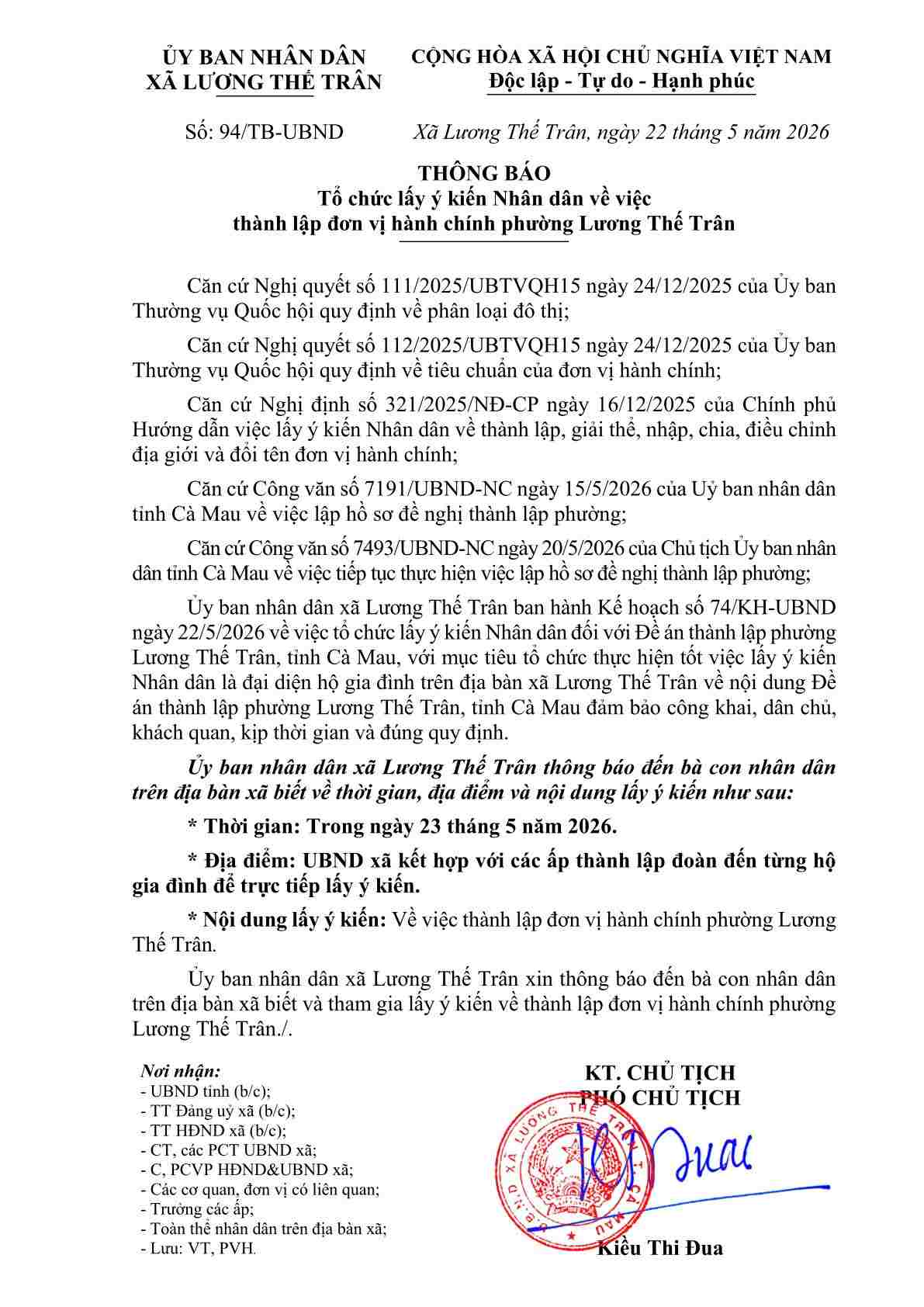 Thông báo lấy ý kiến Nhân dân để thành lập phường Lương Thế Trân, Cà Mau. Ảnh: Nhật Hồ.
