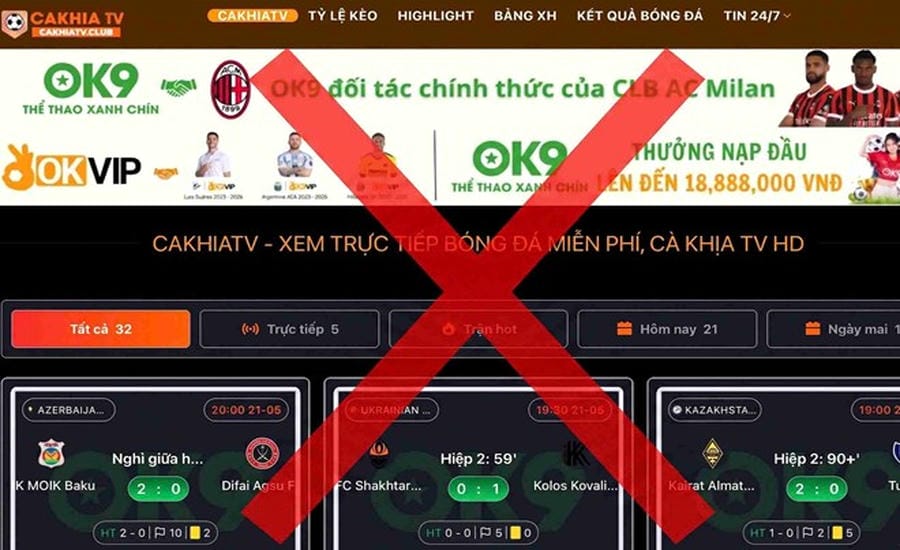 Subjects using CakhiaTV, RakhoiTV, CaheoTV... to infringe on football copyright. Screenshot