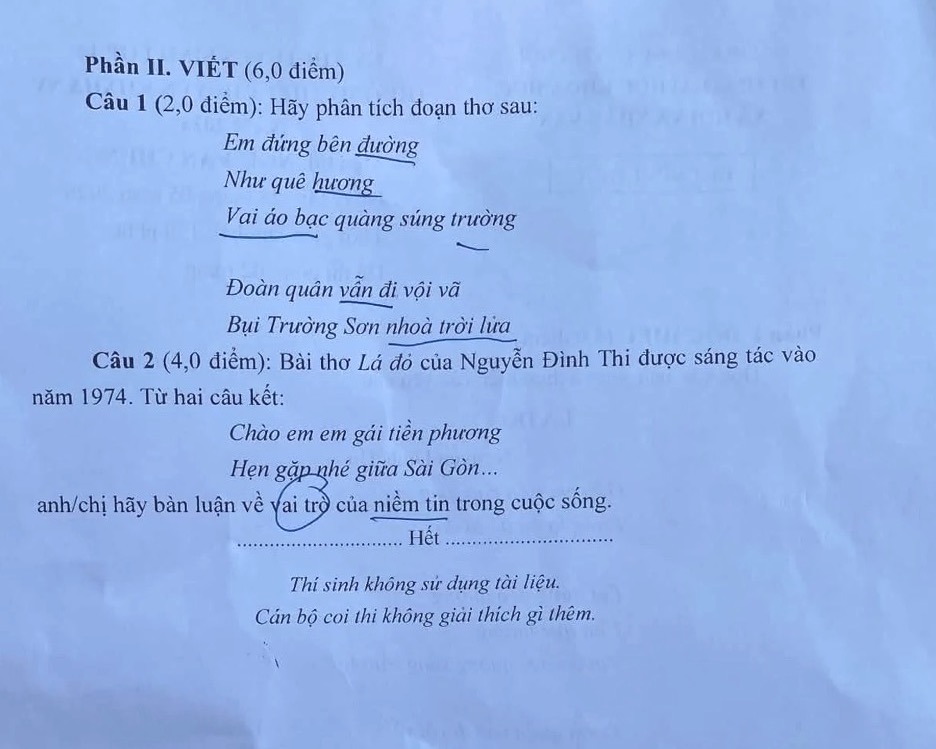 Đề thi lớp 10 môn Ngữ văn Trường THPT Chuyên Khoa học xã hội và nhân văn. Ảnh: Vân Trang
