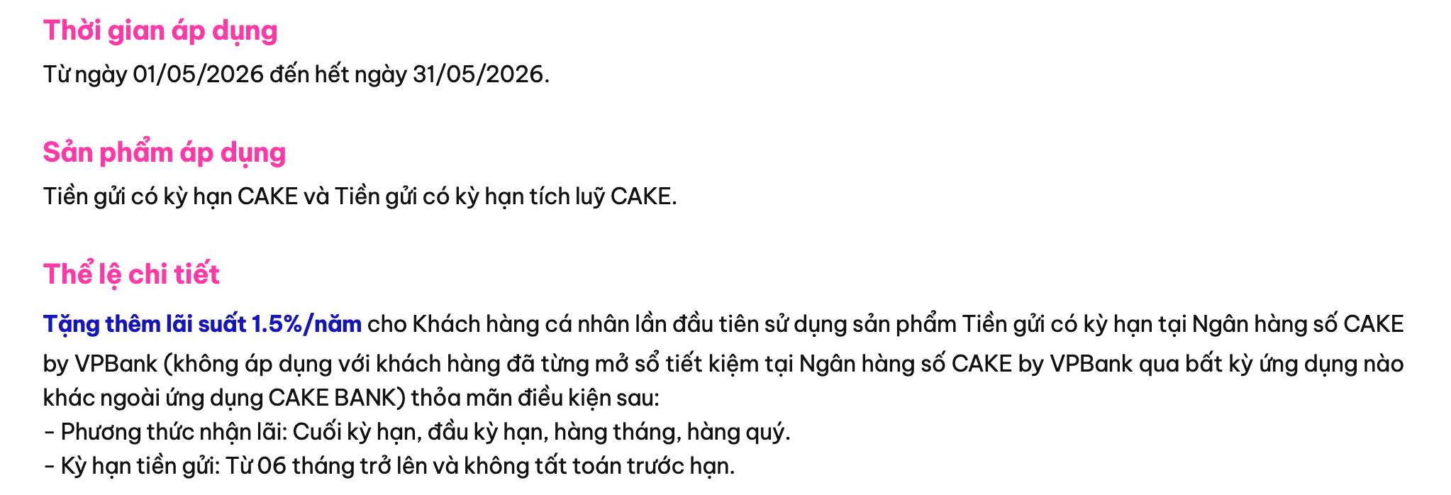 Biểu lãi suất tiết kiệm Cake by VPBank. Ảnh: Cake by VPBank