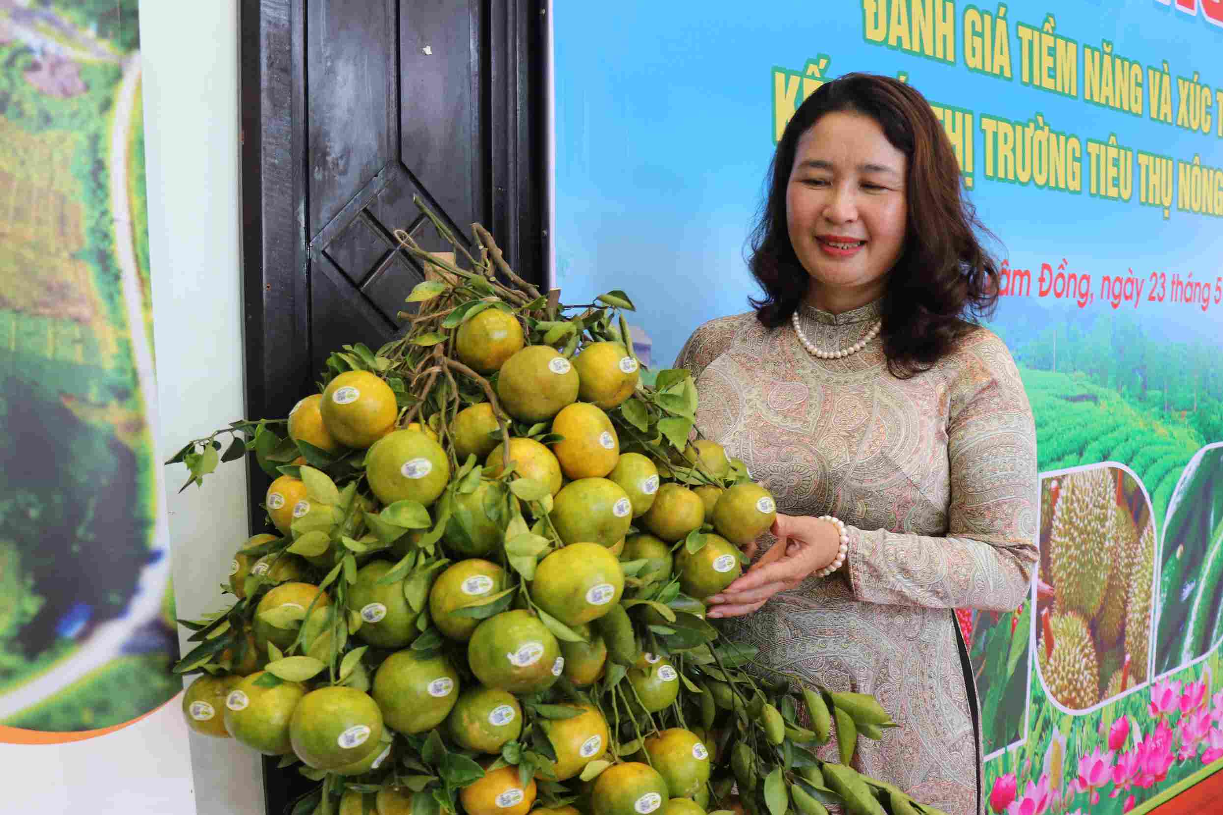 Sản phẩm nông nghiệp của Lâm Đồng được các doanh nhân giới thiệu tại hội nghị. Ảnh: Thần Hy