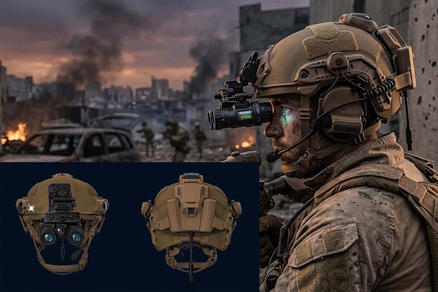 Front and back of the CORTEX EVO smart combat helmet. Graphics: Cat Tien