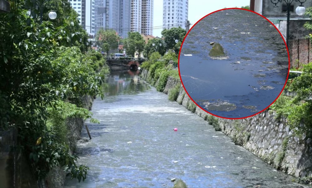 ヴィン古城の堀の汚染、濃い黒色の臭いに住民が憤慨。写真:ゴック・アイン