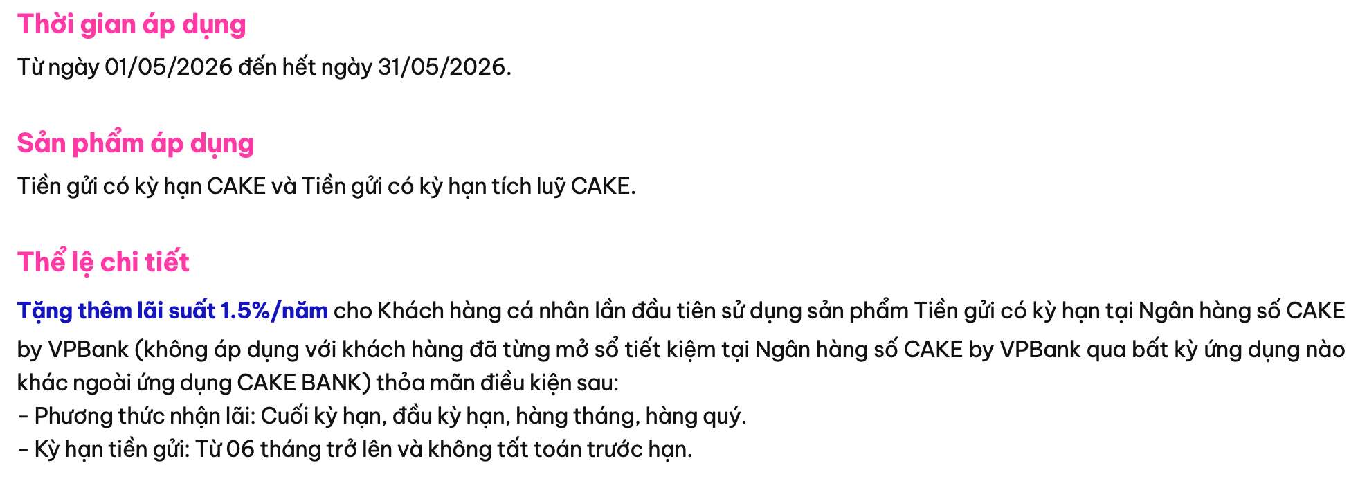 Biểu lãi suất tiết kiệm Cake by VPBank. Ảnh: Cake by VPBank