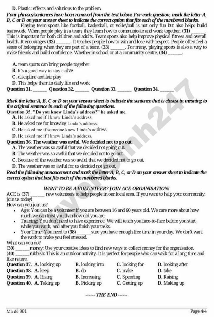 Đề thi thử vào lớp 10 môn Anh năm 2026 - THCS Giảng Võ (Phường Giảng Võ, Hà Nội). Ảnh: Tuyensinh247