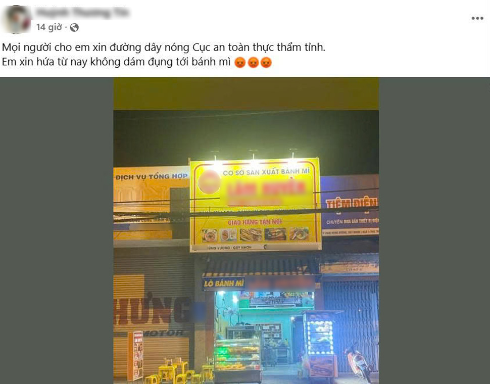 Thông tin nhiều người đau bụng, nôn ói, tiêu chảy sau khi ăn bánh mì tại tiệm L.H. lan truyền trên mạng xã hội. Ảnh chụp màn hình