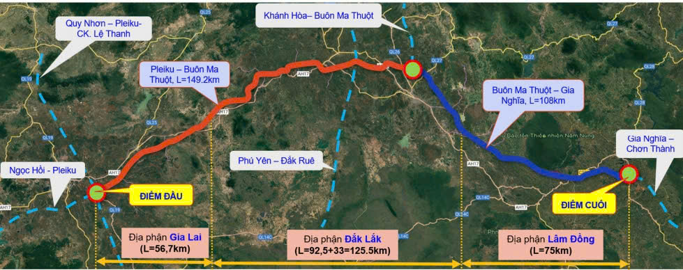 Overall map of the North - South expressway route west of the Pleiku - Buon Ma Thuot - Gia Nghia section. Photo: Taken from Google map