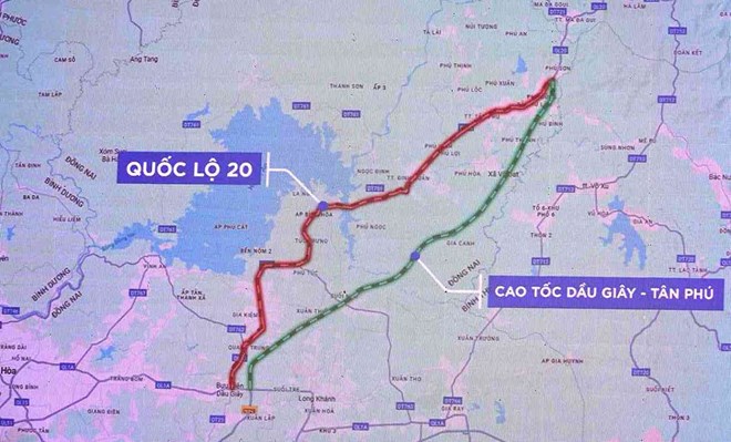 Sơ đồ tuyến cao tốc Dầu Giây - Tân Phú qua Đồng Nai. Ảnh: HAC