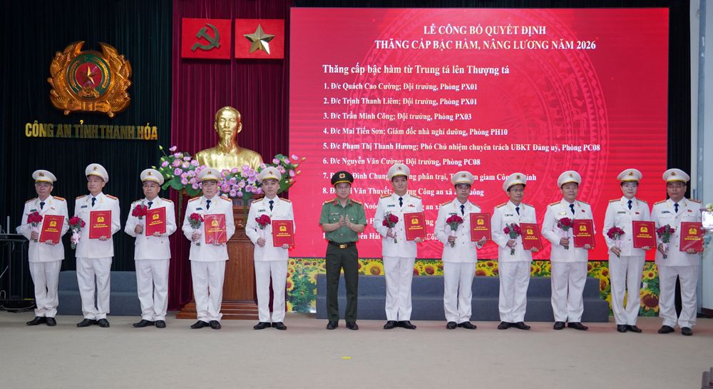 Phó Giám đốc Công an tỉnh Thanh Hóa Trần Thái Quang Hoàng trao các Quyết định thăng cấp bậc hàm, nâng bậc lương cho cán bộ, sĩ quan. Ảnh: Công an Thanh Hóa