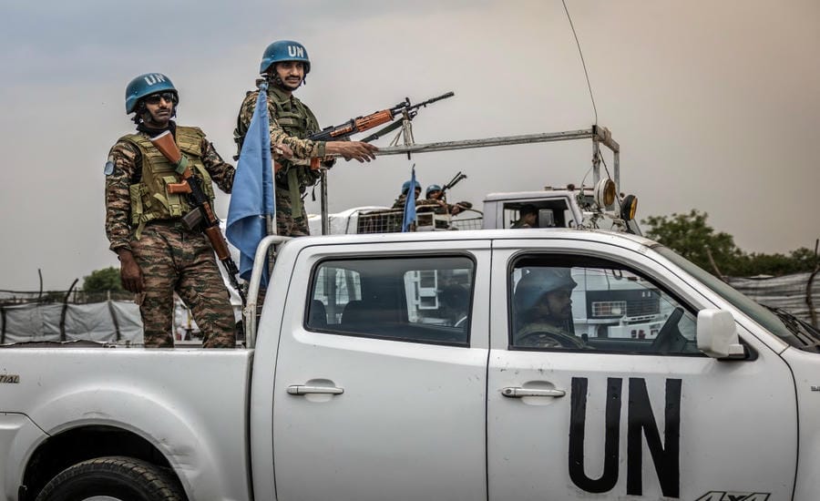 Indian peacekeepers from the United Nations Mission in South Sudan (UNMISS) patrol in Akobo, Jonglei state in February 2026. Photo: AFP