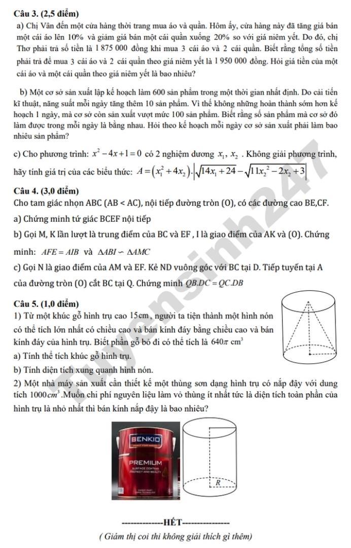 Đề thi thử vào lớp 10 môn Toán năm 2026 lần 3 - THCS Quang Tiến (Phường Tây Hiếu, Nghệ An). Ảnh: Tuyensinh247