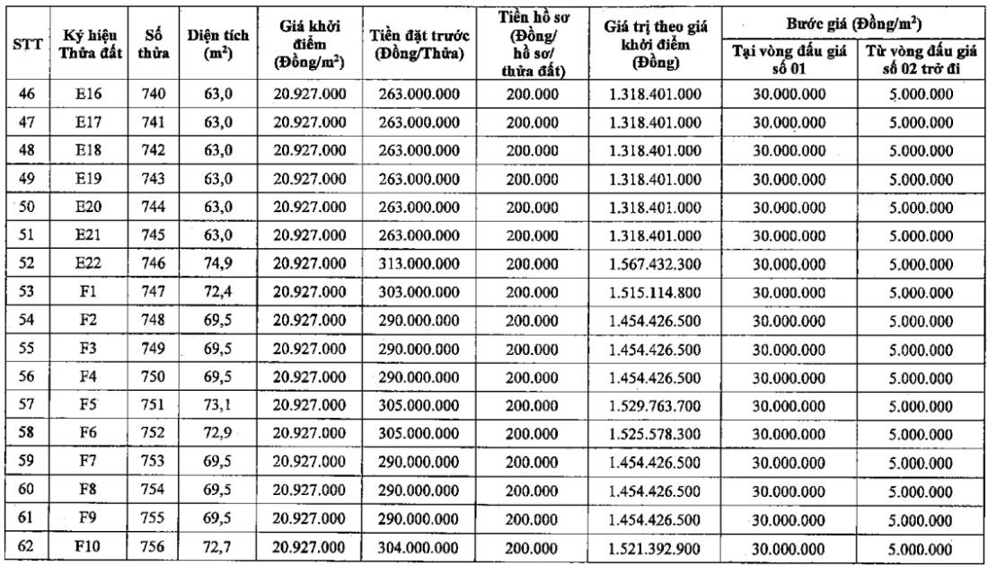 Thông tin 62 thửa đất tại Khu Cửa Thảm (giai đoạn 2), Thọ An, xã Liên Minh, thành phố Hà Nội. Ảnh: