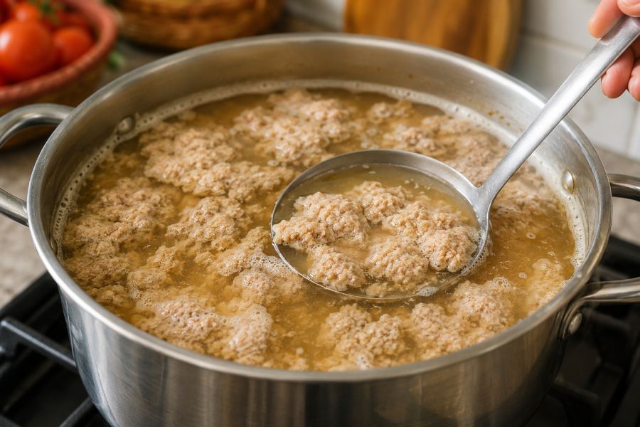 Riêu cua nổi thành mảng đẹp mắt trong nồi nước canh đang sôi nhẹ.