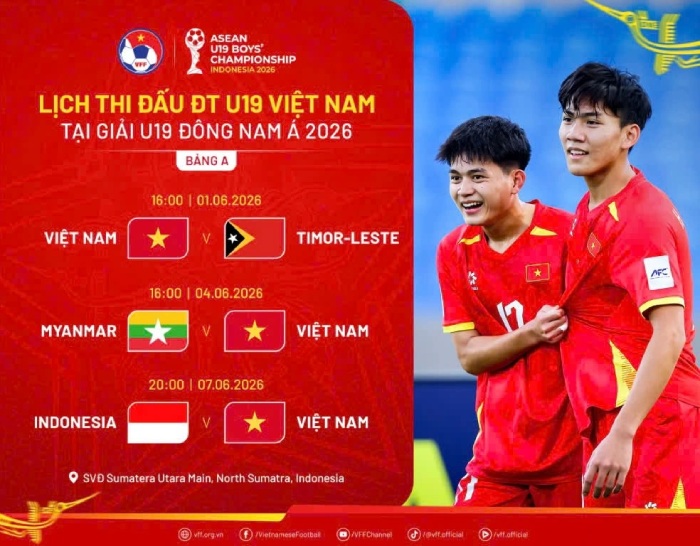 Lịch thi đấu U19 Việt Nam tại giải U19 Đông Nam Á 2026. Ảnh: VFF