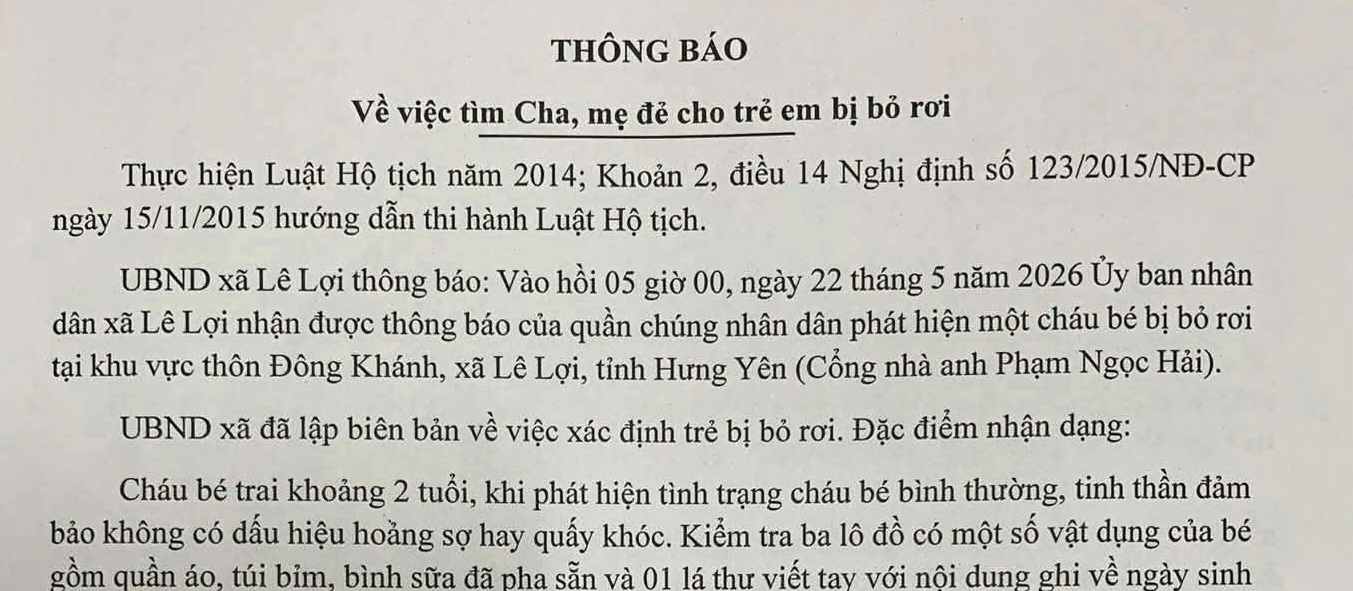 Le Loi Commune People's Committee announced the search for the biological parents of the abandoned baby boy. Photo: Hai Minh