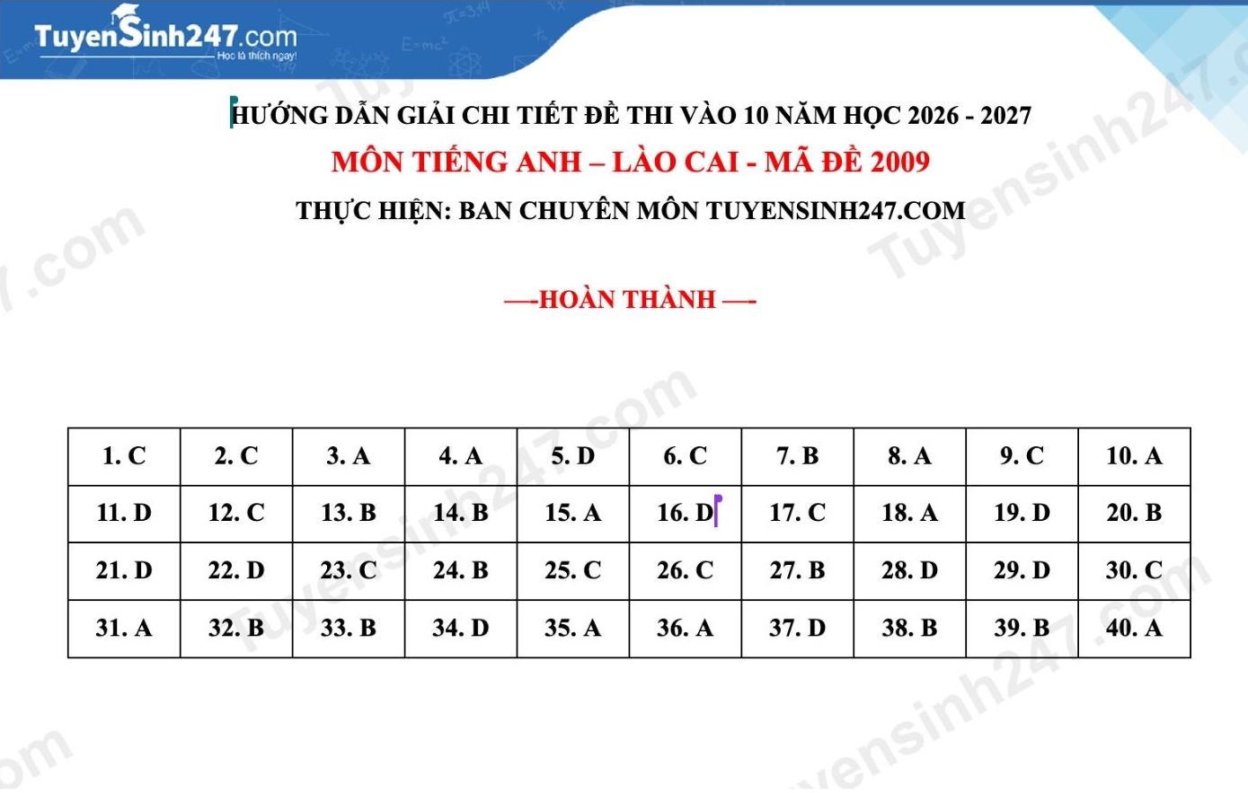 Đáp án tham khảo đề thi lớp 10 môn tiếng Anh tỉnh Lào Cai năm học 2026 - 2027. Ảnh: Tuyensinh247