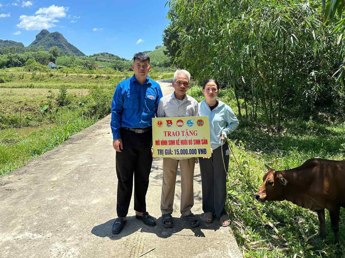 Anh Son Commune Youth Union presents breeding cow models, supporting livelihoods for households in difficult circumstances to develop the economy. Photo: Ngoc Anh