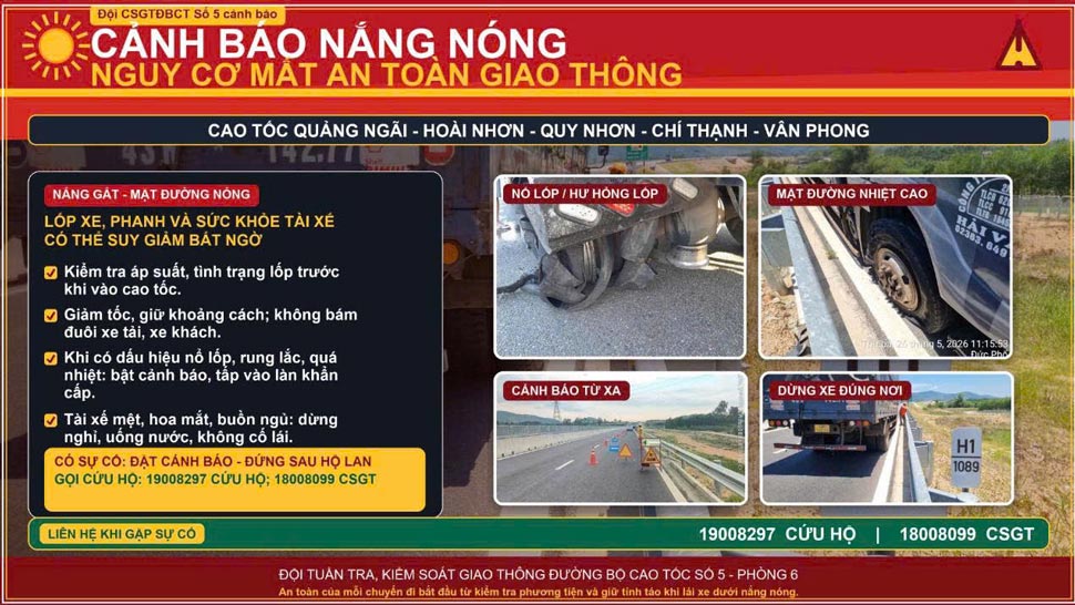 Đội CSGT đường bộ cao tốc số 5 cảnh báo nguy cơ nổ lốp xe trên cao tốc miền Trung giữa đợt nắng nóng gay gắt. Ảnh: Xuân Thưởng