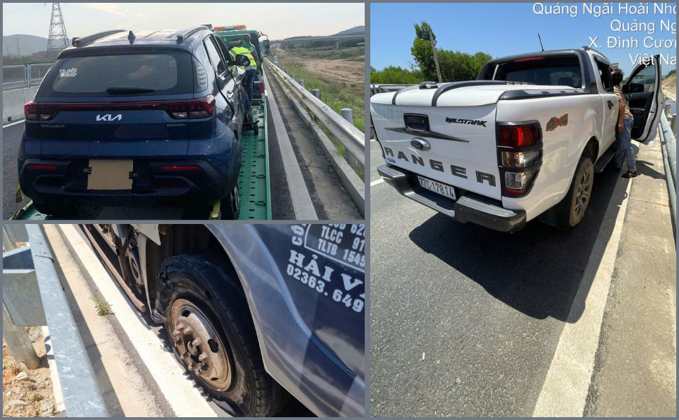 A series of vehicles burst tires and damaged engines on the Quang Ngai - Hoai Nhon - Quy Nhon - Chi Thanh - Van Phong highway. Photo: Xuan Thuong