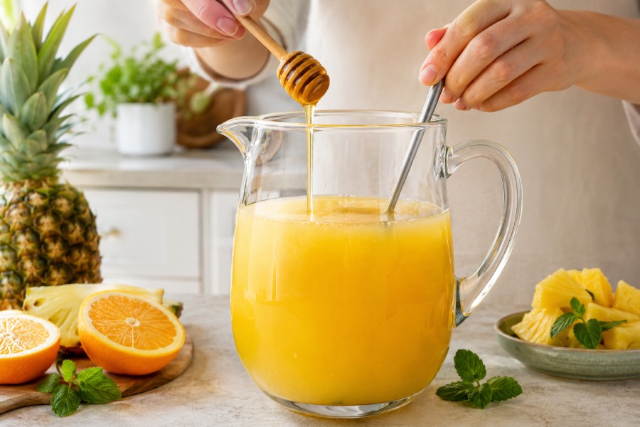 Nước cam và nước dứa được pha cùng mật ong tạo vị chua ngọt hài hòa. Ảnh: Thùy Linh
