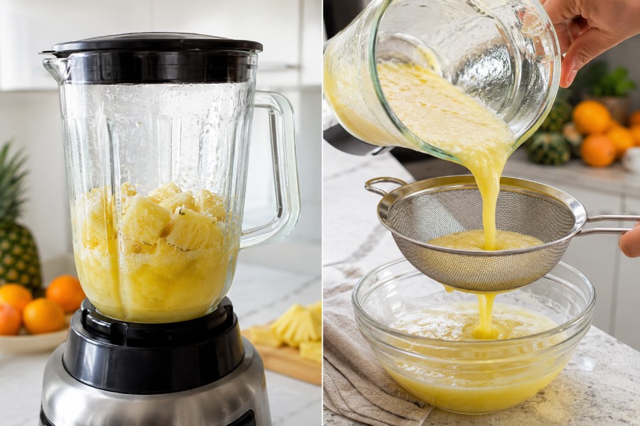 Dứa được xay nhuyễn rồi lọc lấy phần nước mịn thơm tự nhiên. Ảnh: Thùy Linh
