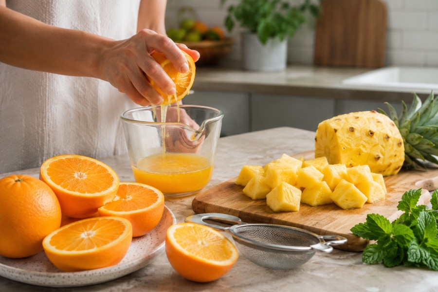 Cam và dứa được sơ chế để chuẩn bị pha nước giải khát tại nhà. Ảnh: Thùy Linh