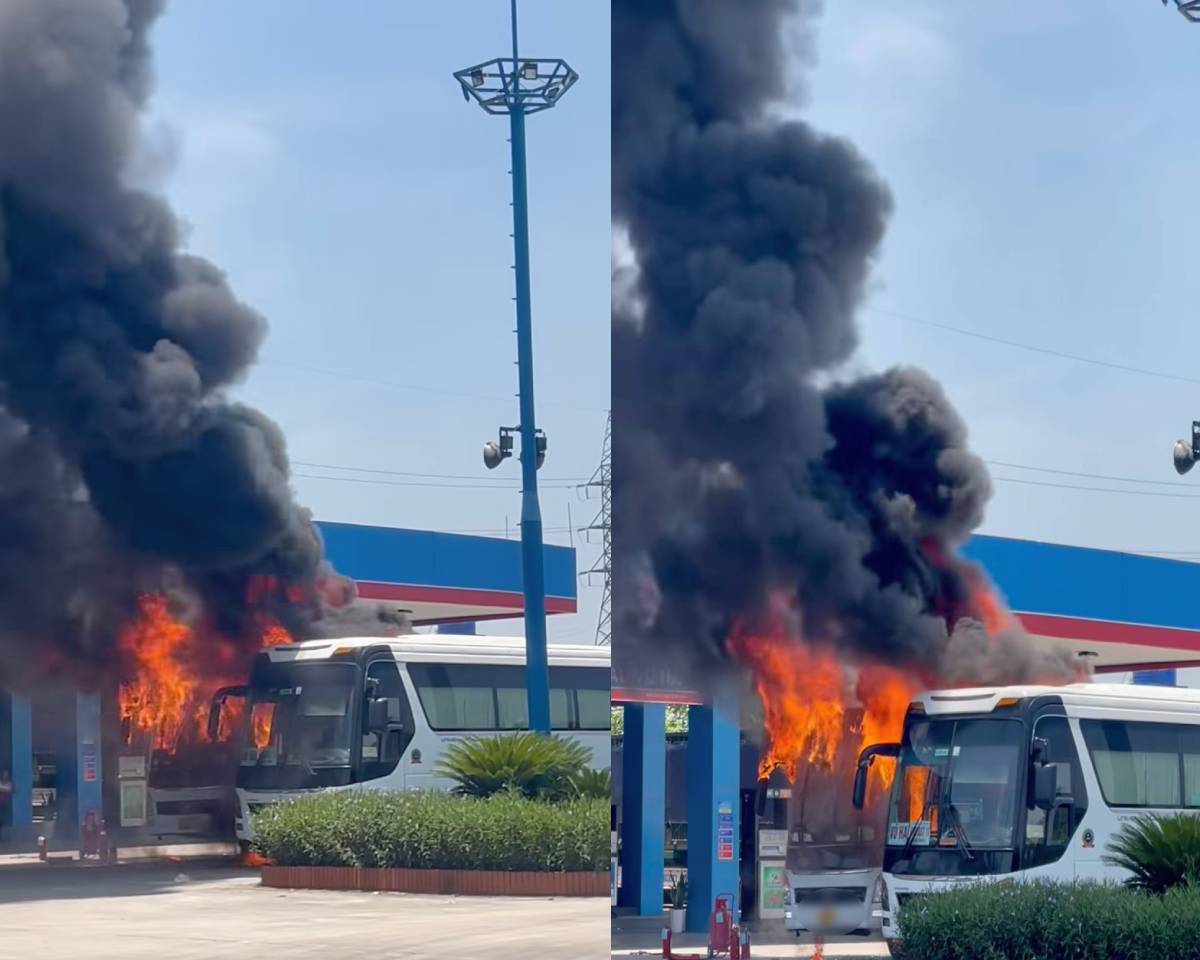 Car fire next to a gas station in Phu Duc commune, Hung Yen province. Photo: People provided