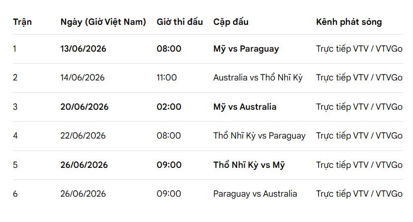 Lịch thi đấu bảng D World Cup 2026. Ảnh: Google